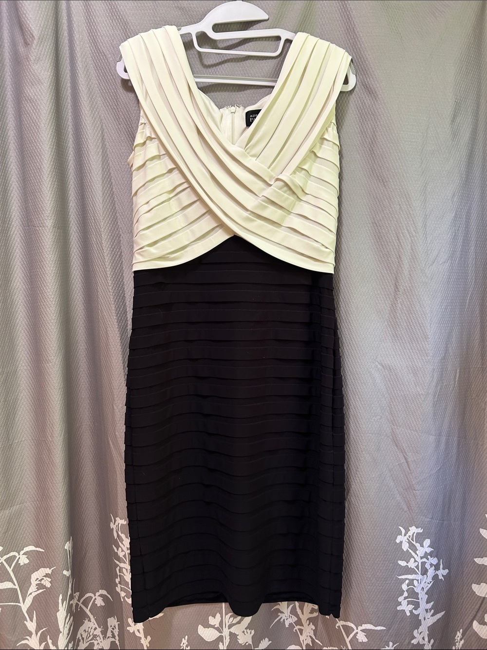 Adrianna Papell Ivory and Black Surplice Tiered Cocktail Dress